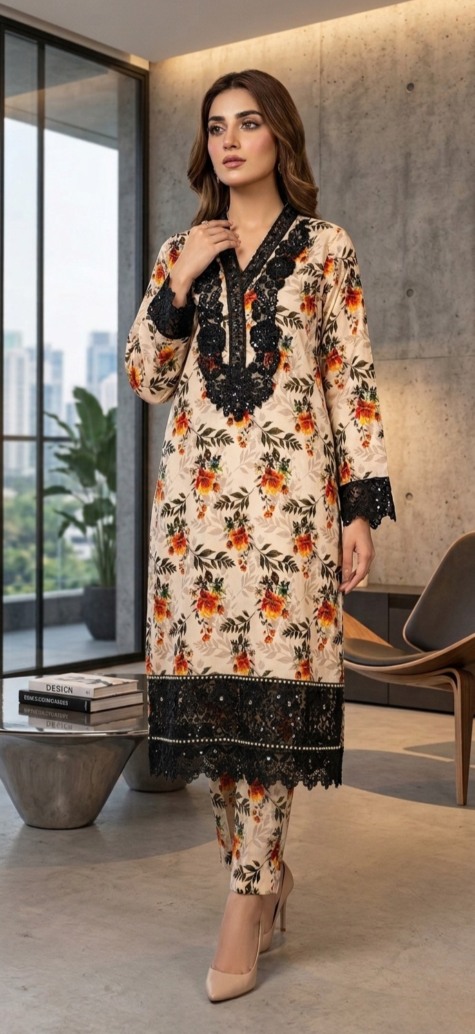 Vintage Floral Printed 2-Piece Lawn Suit with Black Lace Patches
